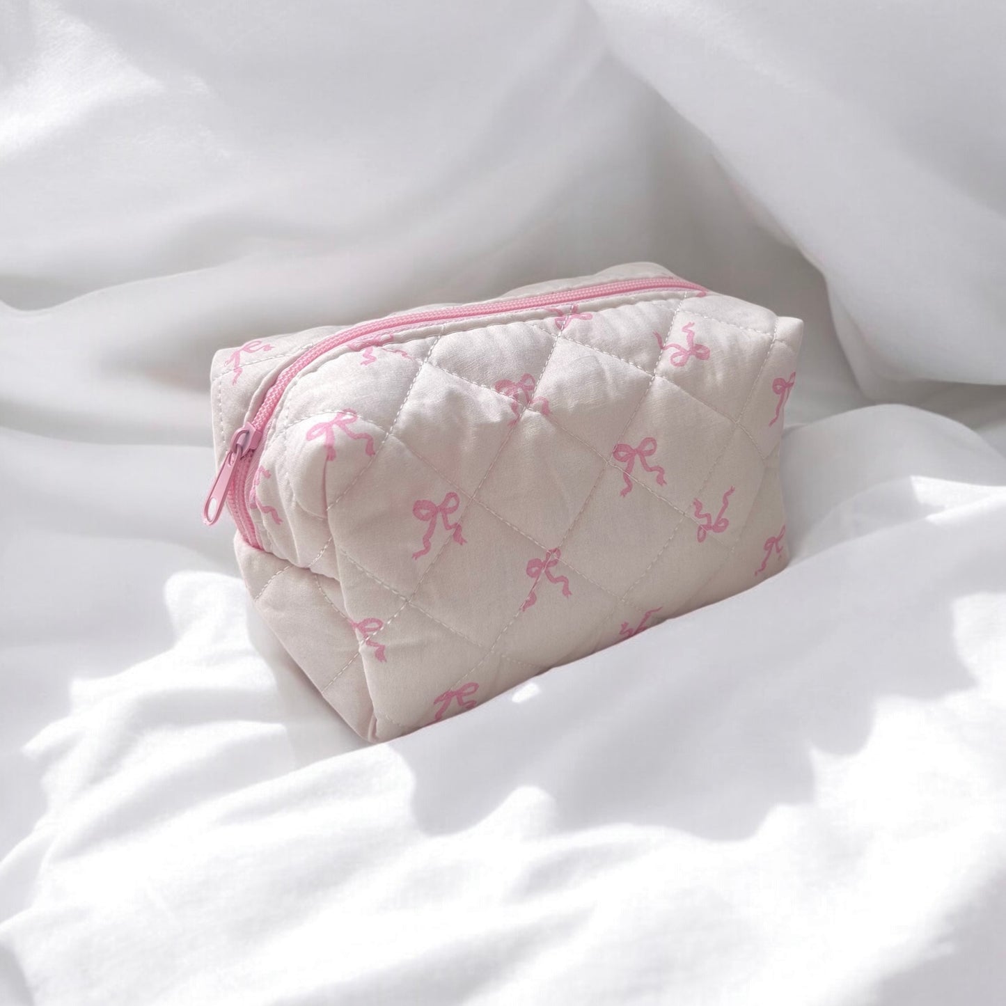 Pink Bow Quilted Cosmetic Bag