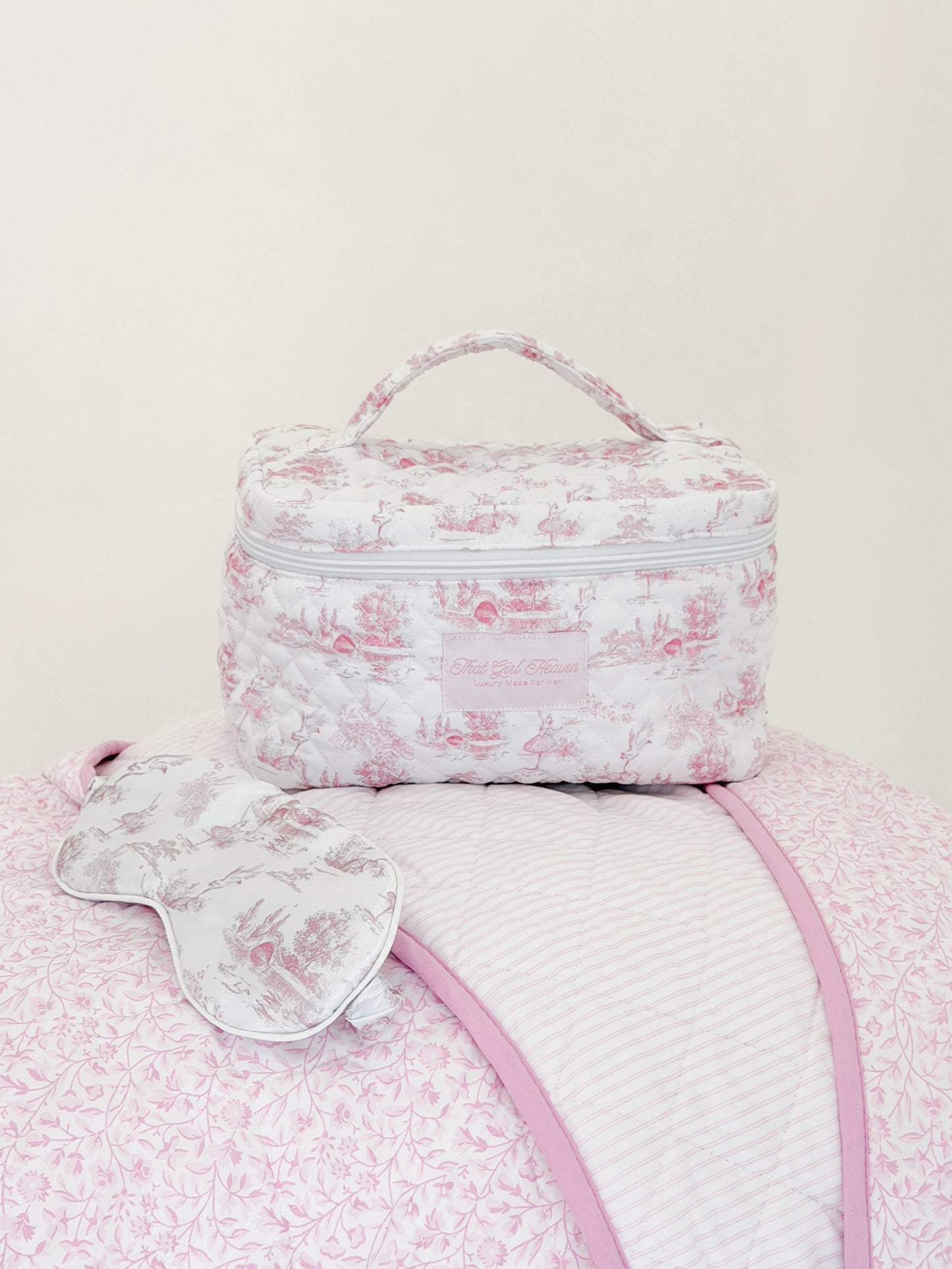 Pink Toile Extra Large Makeup Bag
