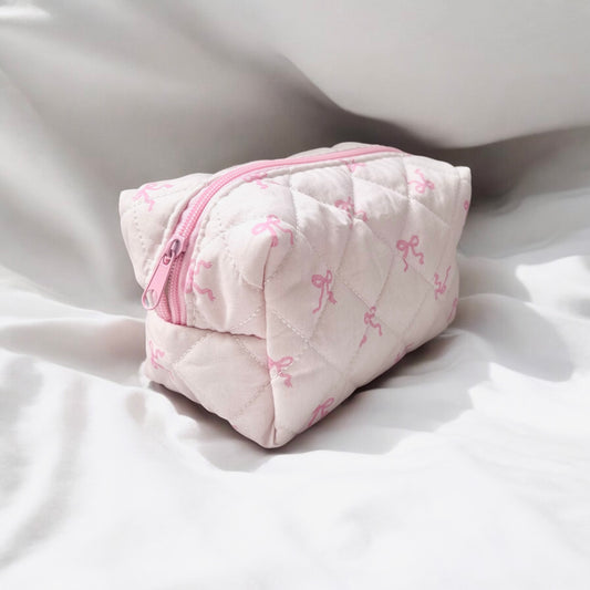Pink Bow Quilted Cosmetic Bag